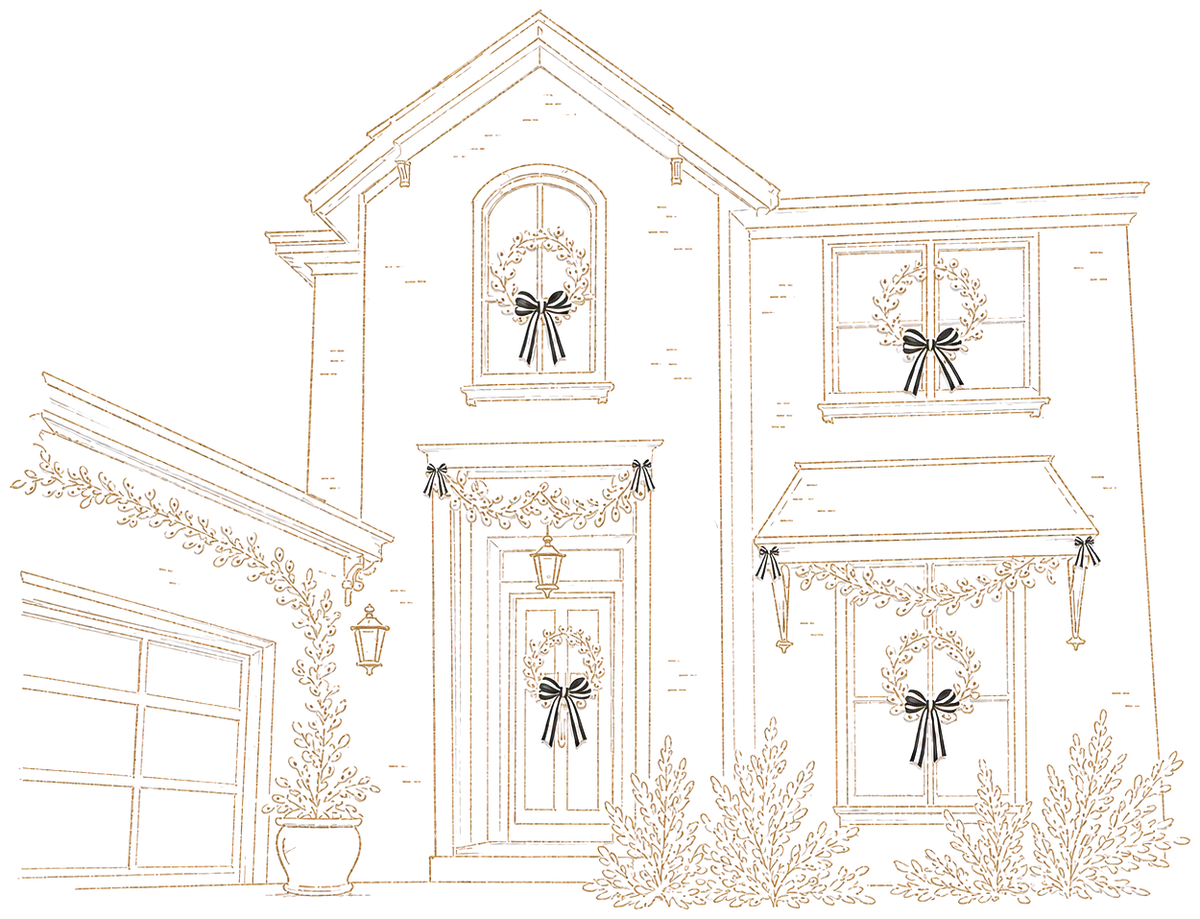 Gold line drawing of the Boersma home, with wreaths and striped bows in every window